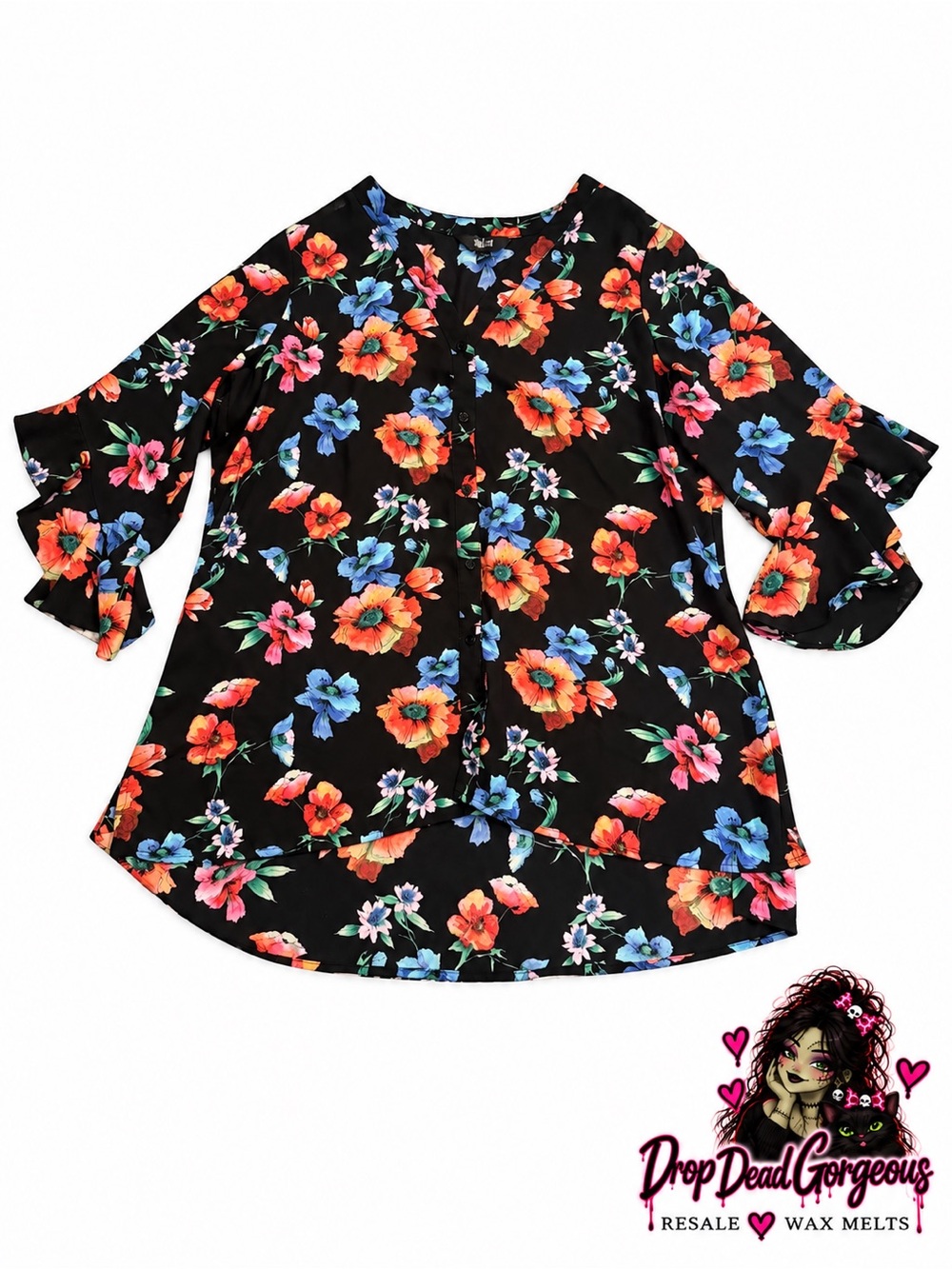 Investments Black Floral Ruffle-Sleeve Blouse